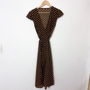 Brown polka dot wrap midi dress